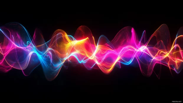 A vibrant and colorful visualization of sound waves in motion, blending bright neon colors with fluid, abstract patterns.