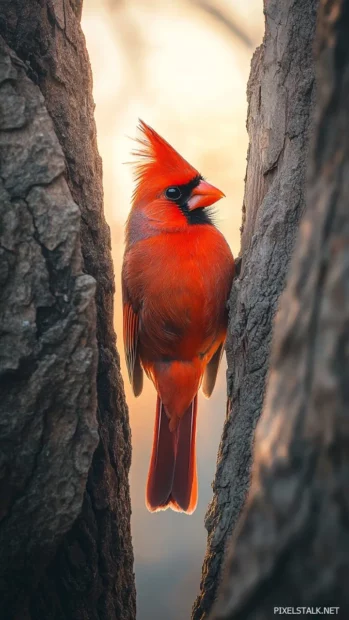 A vibrant cardinal framed between two slender tree trunks, its feathers glowing in the golden hour.