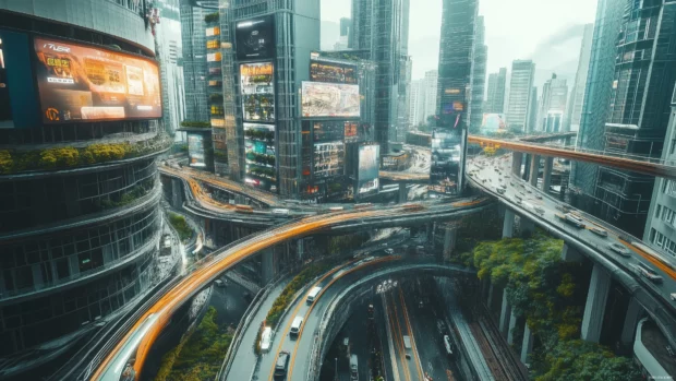 A vibrant city of the future with vertical gardens and digital billboards, viewed from above.