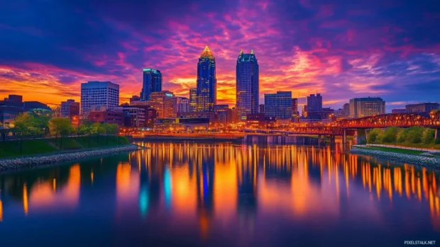 A vibrant city skyline at dusk with colorful lights reflecting off a nearby river.