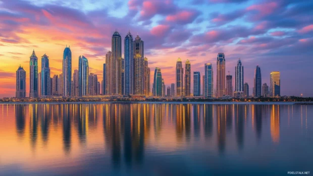A vibrant city skyline at sunset with glowing windows and colorful skies.
