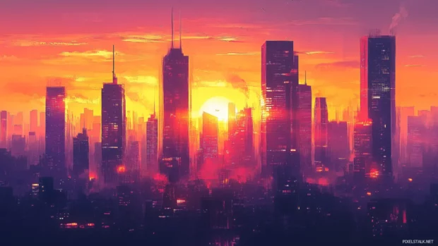 A vibrant city skyline at sunset, with skyscrapers silhouetted against a fiery orange and purple sky.