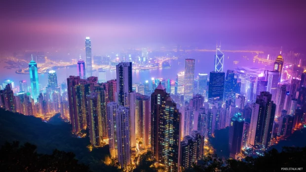 A vibrant cityscape at night with twinkling lights and illuminated skyscrapers.