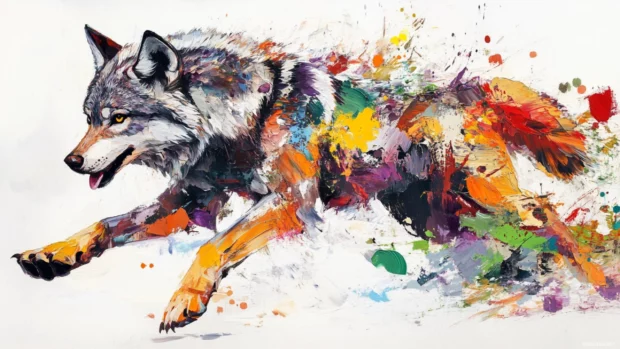 A vibrant composition of a running wolf trailing colorful paint strokes.