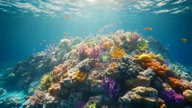 A vibrant coral reef scene, full of marine life and intricate details, captured in an 3D render.