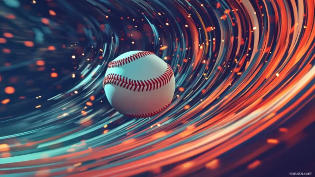 A vibrant digital illustration of a baseball soaring through the sky, leaving a dynamic motion trail, bold colors and stylized shading.