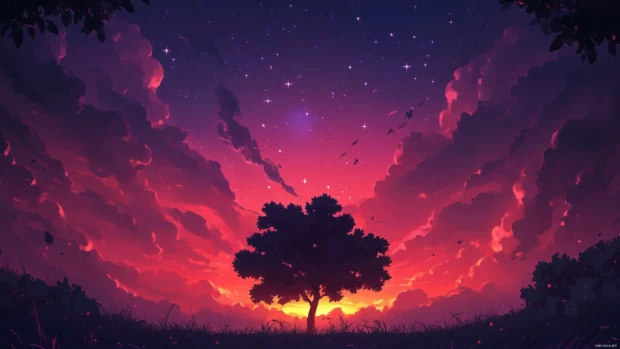 A vibrant evening sky with dramatic clouds illuminated in shades of red and purple, against the silhouette of a lone tree.