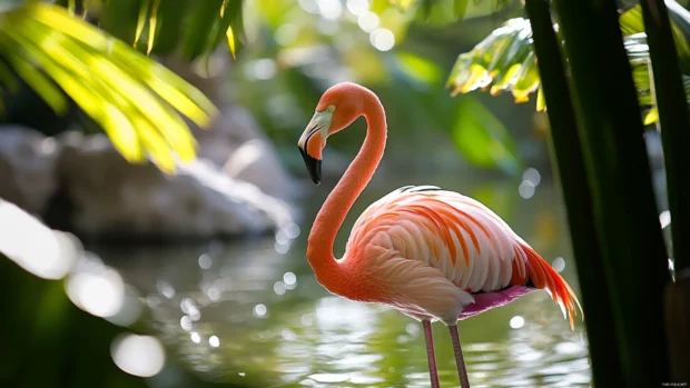 A vibrant flamingo among banana leaves, sunlight reflecting on water.