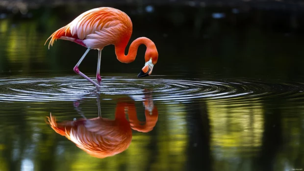 A vibrant flamingo bending down to drink, its reflection rippling in the still lake below.