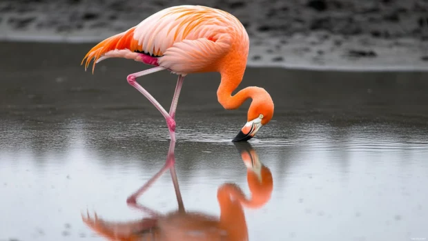 A vibrant flamingo bending down to drink, its reflection rippling in the still lake below.