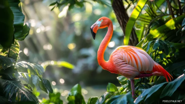 A vibrant flamingo framed by banana leaves, sunlight shimmering on water below.