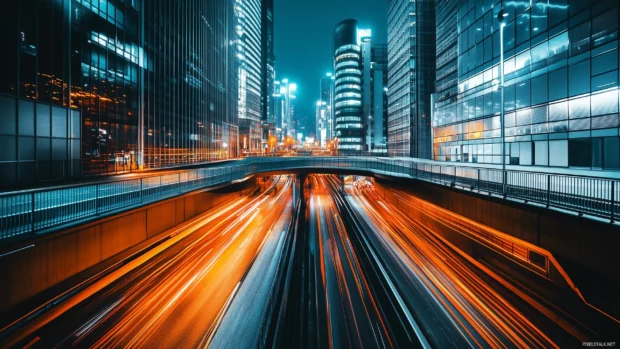 A vibrant futuristic metropolis with a network of illuminated bridges and advanced architectural structures.