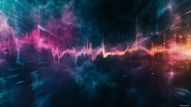 A vibrant image of colorful sound waves rippling through a dark background, capturing the dynamic motion of music in abstract form.