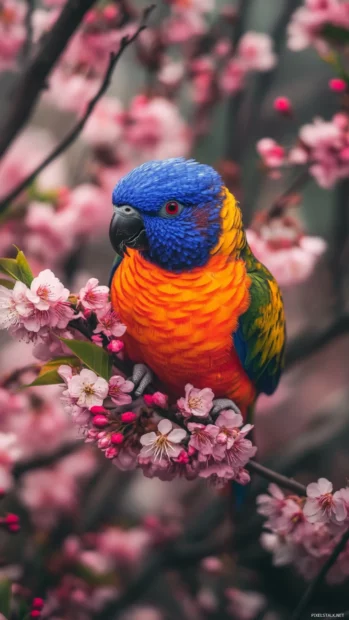 A vibrant lorikeet among cherry blossoms, vertical HD wallpaper.
