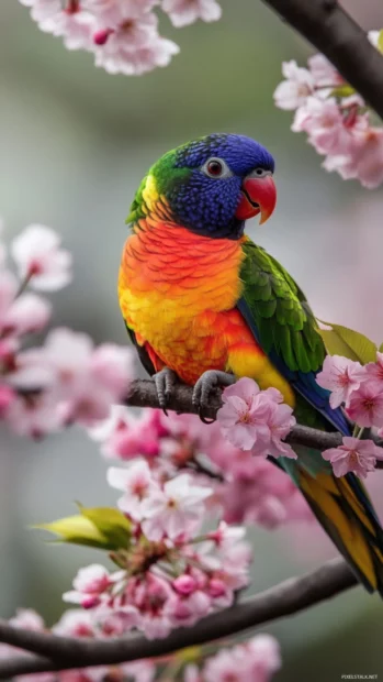 A vibrant lorikeet surrounded by cherry blossoms in a vertical frame, suitable for HD parrot wallpaper (2).