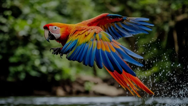 A vibrant macaw caught mid flight above a tropical river, wings stretched wide with tail feathers trailing.