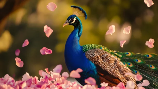 A vibrant peacock surrounded by floating petals in a wind swept floral garden.