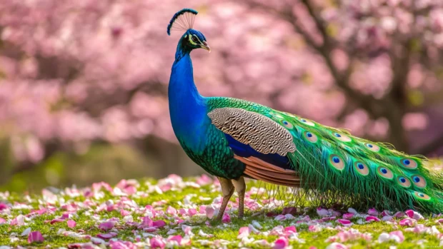 A vibrant peacock surrounded by floating petals in a wind swept floral garden.