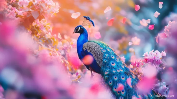 A vibrant peacock surrounded by floating petals in a wind swept floral garden.
