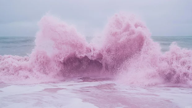 A vibrant pink beach scene with crashing wave and pastel foam.
