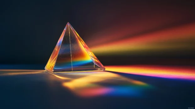 A vibrant prism effect with light refracting into a full spectrum of colors against a dark gradient background.