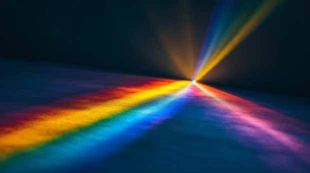 A vibrant prism effect with light refracting into a full spectrum of colors against a dark gradient background.
