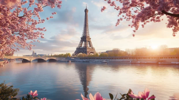 A vibrant scene of Paris during spring, with blooming flowers around iconic monuments.