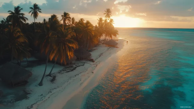 A vibrant sky glows above a tropical beach and palm trees at sunset.