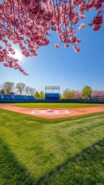 A vibrant springtime baseball field, fresh green grass and cherry blossoms blooming around the stadium.