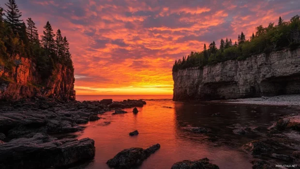 A vibrant sunrise behind rocky cliffs and trees.