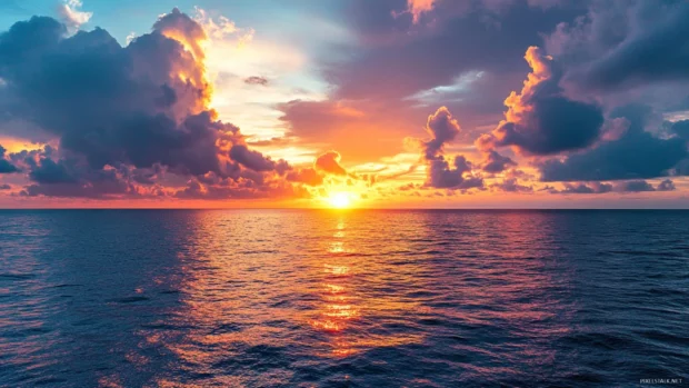 A vibrant sunrise over a calm ocean, with colorful clouds reflecting on the water surface.