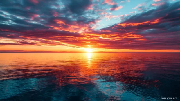 A vibrant sunrise over a calm ocean, with colorful clouds reflecting on the water surface.