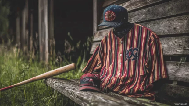 A vintage baseball jersey draped over a bench, with a classic baseball cap and bat nearby.