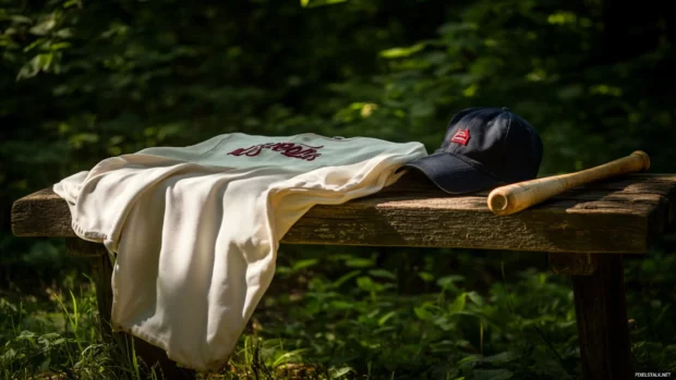 A vintage baseball jersey draped over a bench, with a classic baseball cap and bat nearby.