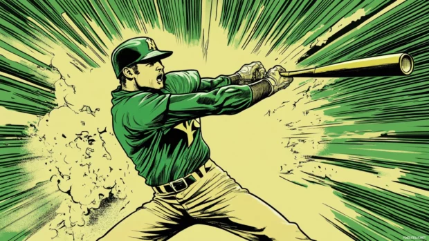 A vintage comic book style illustration of a baseball player mid swing, dramatic halftone shading, and action lines.