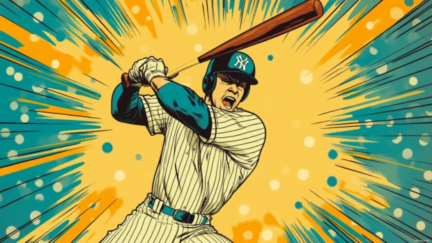 A vintage comic book style illustration of a baseball player mid swing, dramatic halftone shading, and action lines.