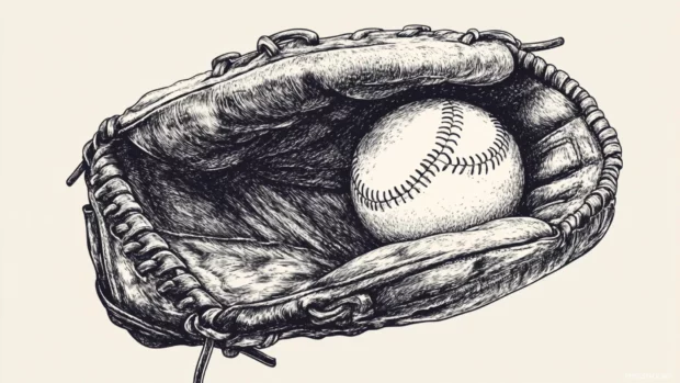 A vintage hand drawn baseball glove holding a ball, with intricate cross hatch shading and textured details.