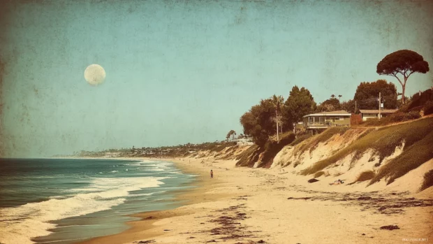 A vintage style photograph of a beach scene, with faded colors and a grainy texture.