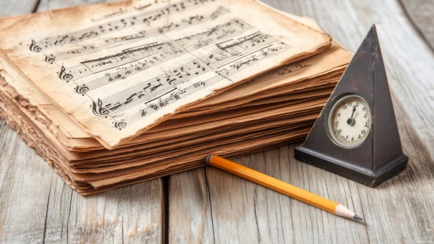 A vintage style shot of a stack of old sheet music with yellowed pages, resting next to a worn out metronome and a pencil, evoking a sense of nostalgia and history.