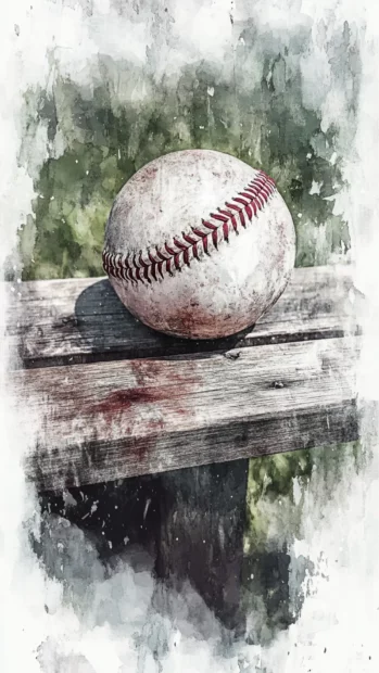 A vintage watercolor painting of a baseball on a wooden bench, faded textures and warm nostalgic tones.