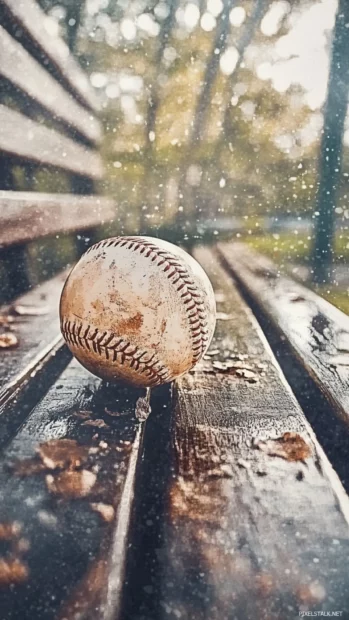 A vintage watercolor painting of a baseball on a wooden bench, faded textures and warm nostalgic tones.
