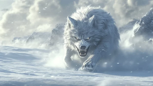 A violent winter storm surrounds a snarling wolf pushing through deep snow.