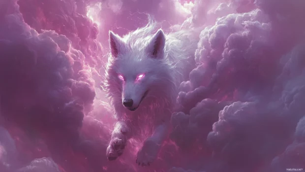 A violet storm brews as a glowing white wolf flies through magical thunderclouds.