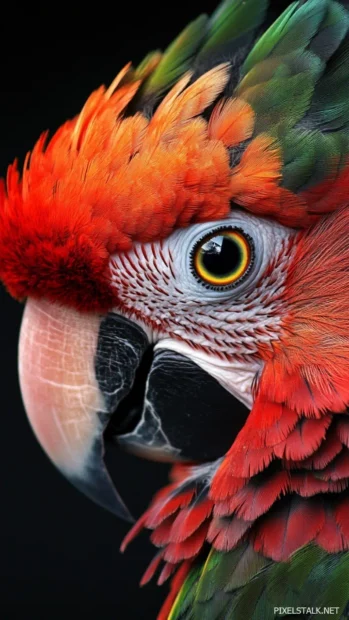 A vivid parrot close up with striking eye glow, phone wallpaper ready.