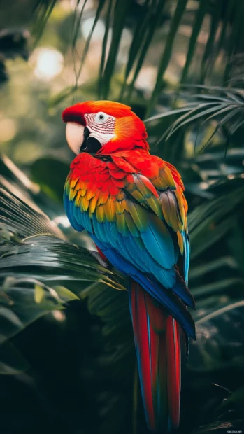 A vivid vertical portrait of a scarlet macaw set against a deep green jungle backdrop.