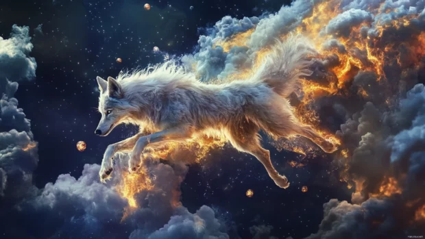 A volcanic wolf spirit floats among smoke pillars and burning meteors.