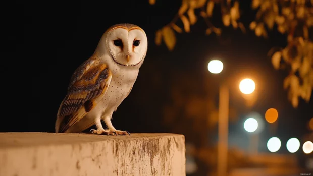 A warm glow behind the Barn Owl sitting calmly on an old stone wall.