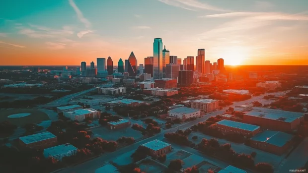 A warm, golden sunset over Dallas, highlighting the mix of historic and modern architecture.