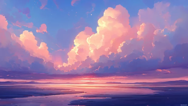 A warm pink sky, sun rays through clouds, glows on quiet land.