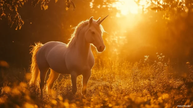 A warm sunset bathes the unicorn in golden light.